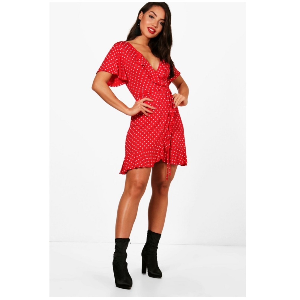 🚫SOLD🚫 Red Polka Dot Print Wrap Frill Dress